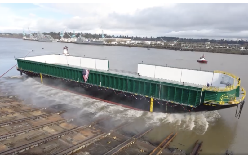 Gunderson Marine & Iron launches deck cargo barge for Aloha Marine